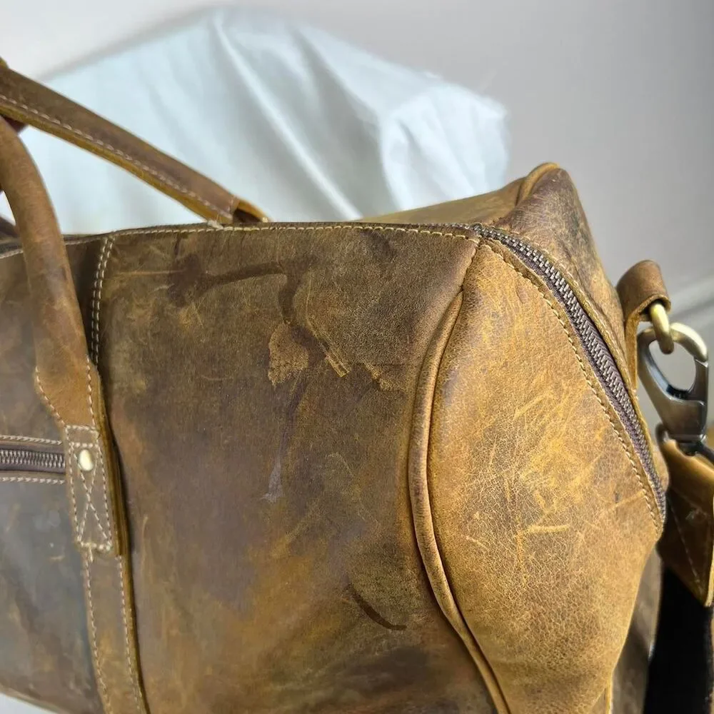 Komalc Leather Travel Bag Weekend Bag Duffle Bag Brown With Shoulder Strap